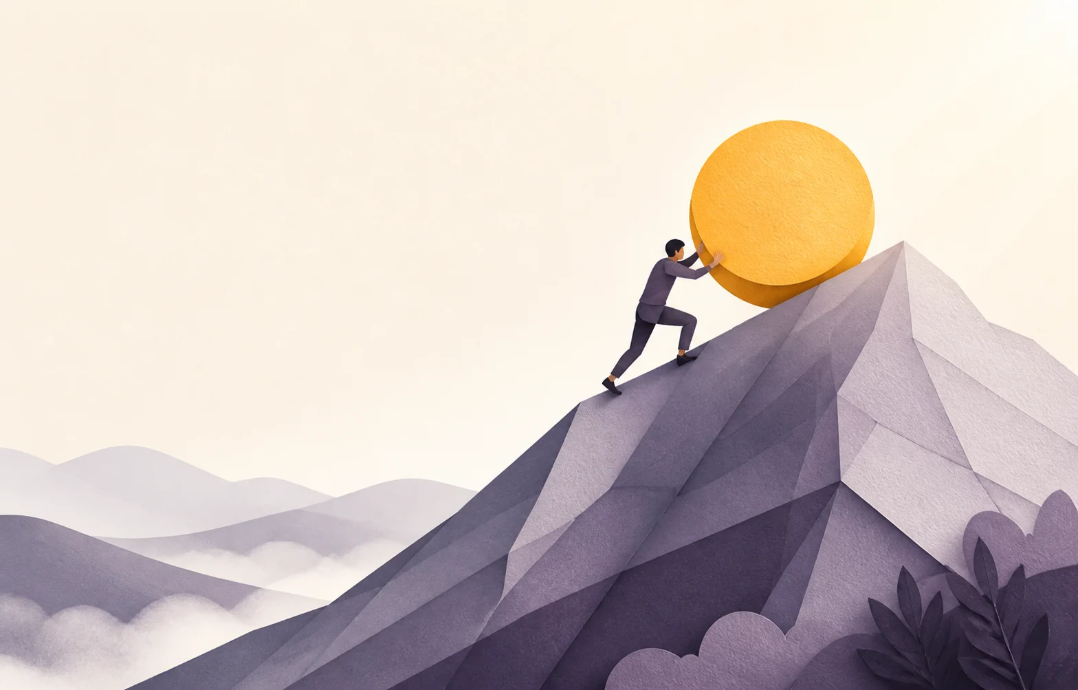 A person steadily guiding a warm orange sphere up a lavender mountain